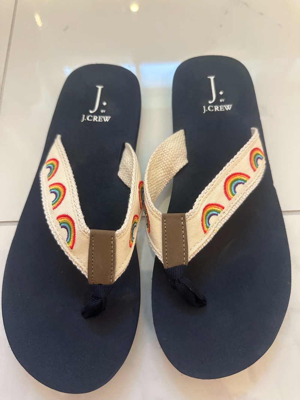J. Crew Navy Sandals with Cream Rainbow-Embroidered Straps